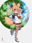  1girl :3 animal_ear_fluff animal_ears black_bow blurry blurry_background bow brown_eyes brown_gloves brown_hair choker closed_mouth commentary_request commission depth_of_field double_fox_shadow_puppet fox_ears fox_girl fox_shadow_puppet fox_tail furry furry_female glasses gloves hair_bow highres kuro_kosyou looking_at_viewer original pleated_skirt red-framed_eyewear red_choker red_sailor_collar red_skirt sailor_collar semi-rimless_eyewear shirt shoes skeb_commission skirt smile solo standing standing_on_one_leg striped striped_thighhighs tail thighhighs twintails under-rim_eyewear white_footwear white_shirt 