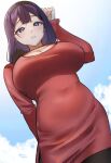  1girl black_hairband blue_eyes breasts cleavage covered_navel day from_below hairband highres large_breasts long_hair long_sleeves looking_at_viewer looking_down original outdoors pinnn purple_hair red_shirt shirt sky smile solo twitter_username 