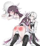 2girls absurdres arlecchino_(genshin_impact) ass blush bottomless clothes_lift columbina_(genshin_impact) comforting dress dress_lift genshin_impact hair_ornament highres hug multicolored_hair multiple_girls one_eye_closed over_the_knee panties panty_pull purple_hair pussy simple_background spanked spanking tan_kuten thighs underwear white_background yuri 