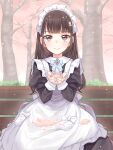  1girl absurdres apron bench black_hair brown_eyes cherry_blossoms dress flower hair_ornament highres ina_(inadahime) long_hair long_sleeves looking_at_viewer maid maid_apron maid_headdress original outdoors petals sitting smile solo tree 