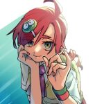  1girl 4lily ahoge andou_ringo character_hair_ornament closed_mouth drill_hair eyes_visible_through_hair green_eyes hair_ornament hairclip long_hair looking_at_viewer nail_polish pinky_out puyopuyo puyopuyo_7 red_hair red_nails smile solo sweater_vest wristband 