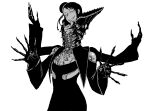  1girl android bare_shoulders claws cowboy_shot extra_arms greyscale hands_up high_collar long_neck long_sleeves looking_at_viewer monochrome open_mouth original sharp_teeth shion_humine short_hair simple_background smug solo standing teeth white_background wide_sleeves 