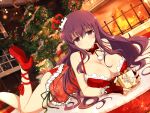  1girl ass babydoll bauble blush bow box breasts choker christmas christmas_lights christmas_ornaments christmas_present christmas_tree christmas_wreath cleavage crown fire fireplace flame garland_(decoration) gift gift_box high_heels highres large_breasts lingerie long_hair looking_at_viewer merry_christmas mini_crown murasaki_(senran_kagura) official_art open_mouth panties pom_pom_(clothes) purple_eyes purple_hair red_panties rug senran_kagura senran_kagura_new_link senran_kagura_shinovi_versus solo underwear yaegashi_nan 