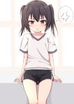  1girl anger_vein black_hair black_shorts blush collarbone commentary_request feet_out_of_frame gym_shirt gym_shorts gym_uniform hair_between_eyes highres looking_at_viewer original parted_lips red_eyes shirt short_hair short_shorts short_sleeves shorts sitting solo spoken_anger_vein takasuma_hiro twintails white_shirt 