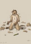  anthro anthro_to_feral brown_body brown_fur eleode eyes_closed featureless_crotch feral fur grimace hair_loss herpestid kneeling male mammal meerkat navel pencil_(object) shedding shrinking simple_background size_transformation solo transformation 