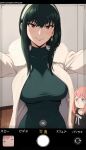  2girls absurdres anya&#039;s_heh_face_(meme) anya_(spy_x_family) black_dress black_hair breasts coat cosplay dress fubuki_(one-punch_man) fubuki_(one-punch_man)_(cosplay) fur-trimmed_coat fur_trim hairband hayami_saori highres large_breasts meme mostlybluewyatt mother_and_daughter multiple_girls one-punch_man pink_hair red_eyes selfie solo_focus spy_x_family viewfinder voice_actor_connection white_coat white_hairband yor_briar 