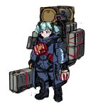  1girl absurdres backpack bag black_footwear black_gloves blue_coat blue_eyes blue_hair boots brand_name_imitation bucket_of_chicken character_name closed_mouth coat commentary cosplay death_stranding dinergate_(girls&#039;_frontline) english_commentary full_body girls&#039;_frontline gloves hair_bobbles hair_ornament heterochromia highres holding holding_suitcase kfc light_blue_hair light_blush long_sleeves m1895_cb_(girls&#039;_frontline) odradek parody pure_boy purple_eyes sam_porter_bridges sam_porter_bridges_(cosplay) short_hair short_twintails simple_background solo standing strap suitcase tears twintails white_background zipper 