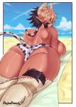  2023 absurd_res animal_humanoid animal_print beach bovid bovid_humanoid bovine bovine_humanoid breasts butt cathyl_(monster_musume) cattle_humanoid clothing cow_print female hair hi_res horn humanoid lying mammal mammal_humanoid monster_girl_(genre) monster_musume multicolored_hair on_front panties pashapencil seaside solo tan_body tan_skin underwear 