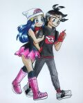  1boy 1girl beanie black_hair blue_eyes blue_hair colored_pencil_(medium) commission commissioner_upload dark-skinned_male dark_skin dawn_(pokemon) goh_(pokemon) grey_jacket hat highres holding_another&#039;s_arm hopefultimebubbles jacket pink_skirt pokemon pokemon_(anime) pokemon_journeys rotom rotom_phone simple_background skirt traditional_media walking 