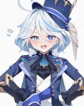  1girl aftamc ahoge ascot black_ascot black_gloves blue_brooch blue_hair blue_headwear blue_jacket crying furina_(genshin_impact) genshin_impact gloves hair_between_eyes hands_on_own_hips hat highres jacket light_blue_hair long_hair looking_at_viewer open_mouth simple_background solo teardrop tears top_hat upper_body white_background white_gloves 