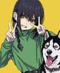  1girl black_hair blue_eyes braid brown_eyes chainsaw_man dog double_v english_commentary green_shirt grin hair_between_eyes hair_over_one_eye hands_up head_tilt husky long_hair long_sleeves looking_to_the_side nayuta_(chainsaw_man) ringed_eyes shiren_(ourboy83) shirt sidelocks simple_background single_braid smile tongue tongue_out turtleneck upper_body v yellow_background yellow_eyes 
