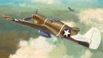  1boy aircraft airplane artist_name canopy_(aircraft) cloud from_behind original propeller roundel sky star_(symbol) traditional_media vehicle_focus vehicle_request wada_takayoshi 