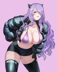  1girl alternate_costume artist_name bikini black_choker black_jacket black_shorts black_thighhighs breasts camilla_(fire_emblem) choker clothes_writing commentary cowboy_shot fake_horns fire_emblem fire_emblem_fates fishnet_pantyhose fishnets hair_over_one_eye horns jacket large_breasts long_hair long_sleeves looking_at_viewer meziosaur navel pantyhose pink_lips purple_background purple_bikini purple_eyes purple_hair short_shorts shorts simple_background solo standing stomach swimsuit thighhighs thighs very_long_hair 