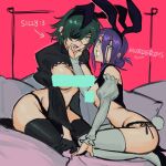  2girls animal_ears bar_censor black_thighhighs breasts censored chainsaw_man detached_sleeves eyepatch fake_animal_ears fake_tail green_eyes green_hair hair_between_eyes hair_bun hair_over_one_eye hairband hand_on_another&#039;s_chin highres himeno_(chainsaw_man) juliet_sleeves large_breasts liowig long_sleeves looking_at_viewer multiple_girls panties playboy_bunny puffy_sleeves purple_hair rabbit_ears rabbit_tail reze_(chainsaw_man) seiza short_hair side-tie_panties single_hair_bun sitting small_breasts tail thighhighs underwear white_sleeves white_thighhighs 