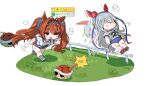  2girls afterimage animal_ears blush_stickers buruma chibi daiwa_scarlet_(umamusume) faceless faceless_female grass grey_hair grey_socks hairband horse_ears horse_girl horse_tail jitome long_hair mario_(series) mario_kart multiple_girls open_mouth race_bib red_eyes red_shell_(mario) running shirt shoes short_sleeves socks sound_effects spawnfoxy speed_lines tail tamamo_cross_(umamusume) tiara twintails umamusume v-shaped_eyebrows white_shirt 