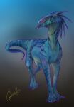  2018 akrolayn ambiguous_gender blue_body blue_scales blue_stripes digital_media_(artwork) digital_painting_(artwork) dragon feral full-length_portrait gradient_background green_body green_scales hi_res outline portrait purple_body purple_outline purple_scales quadruped reptile scales scalie simple_background solo standing striped_body striped_scales stripes three-quarter_view 