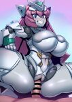  1boy 1girl absurdres android blue_eyes bondage_outfit boots breasts colored_skin dominatrix girl_on_top grey_skin headgear highres huge_breasts joints long_hair mecha_musume metal_skin navel penis pink_hair pussy revealing_clothes robot robot_joints robot_neoanthropinae_polynian roza_(polynian) sex shiny_skin skindentation solo_focus spread_legs teeth thigh_boots tukiwani 
