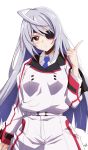  1girl absurdres ahoge belt blush breasts eyepatch grey_hair highres infinite_stratos jodhpurs laura_bodewig long_hair long_sleeves looking_at_viewer parted_lips red_eyes simple_background small_breasts solo standing tobari0394 uniform white_background 