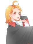  1girl ahoge ascot black_cape blush braid cape collared_shirt commentary_request facial_mark fangs highres kashikaze long_sleeves looking_at_viewer love_live! love_live!_sunshine!! medium_hair open_mouth orange_hair red_eyes shirt side_braid simple_background solo takami_chika teeth upper_body vampire white_ascot white_background white_shirt 