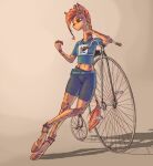  anthro bicycle bike_shorts bottomwear clothing female fur giraffe giraffid hi_res madhotaru mammal shorts simple_background solo tight_bottomwear tight_clothing tight_shorts twiggy_(oc) 