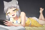  1girl :d alten animal_ear_fluff animal_ears ass barefoot bed butt_crack cat_ears cat_girl chest_jewel collarbone feet feet_up full_body grey_hair handheld_game_console highres holding holding_handheld_game_console lying nia_(xenoblade) nightgown nintendo_switch on_stomach open_mouth panties pillow short_hair smile soles solo the_pose toes underwear white_panties xenoblade_chronicles_(series) xenoblade_chronicles_2 yellow_eyes 