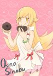  1girl bakemonogatari bare_shoulders blonde_hair blush_stickers bow character_name crumbs doughnut dress dress_bow fang food hair_flaps holding holding_food monogatari_(series) oshino_shinobu pink_background pointy_ears red_bow skin_fang smile solo white_dress yellow_eyes yuiuy123 