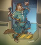  2023 anthro biped brown_body clothed clothing detailed_background dutssz hi_res humanoid_hands male mammal mustelid otter slightly_chubby solo spacesuit weapon 