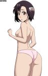  1girl absurdres ass black_hair bleach blush breasts brown_eyes highres hinamori_momo looking_at_viewer looking_back mistowing no_bra open_mouth panties pink_panties short_hair shoulder_blades simple_background small_breasts solo surprised topless underwear underwear_only white_background 