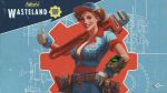  1girl belt blue_headwear blue_jumpsuit company_logo company_name copyright_name english_text fallout_(series) fallout_4 freckles gloves grin hat highres holding holding_wrench image_sample jumpsuit key_visual looking_at_viewer name_tag official_art orange_hair pencil_behind_ear pip_boy pixiv_sample promotional_art short_hair smile solo tool_belt tools white_gloves wrench 
