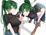  1girl absurdres adapted_costume ass blush breasts earrings fingerless_gloves fire_emblem fire_emblem:_the_blazing_blade gloves green_eyes green_hair high_ponytail highres holding holding_sword holding_weapon jewelry large_breasts long_hair looking_at_viewer lyn_(fire_emblem) ormille ponytail simple_background smile solo sword very_long_hair weapon white_background 