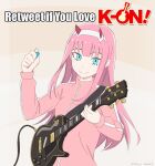  1girl artist_name blue_eyes bocchi_the_rock! color_connection commentary cosplay darling_in_the_franxx electric_guitar english_commentary english_text eyebrows_hidden_by_hair gotoh_hitori gotoh_hitori_(cosplay) guitar hair_color_connection hairband highres hitsuji_(hitsujigoods) holding holding_guitar holding_plectrum horns instrument jacket k-on! long_hair pink_hair pink_jacket plectrum signature smile solo track_jacket upper_body zero_two_(darling_in_the_franxx) 