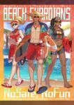  1boy 2girls abs barefoot beach beard blonde_hair breasts cassidy_(overwatch) clenched_hand dark-skinned_female dark_skin day english_text facial_hair full_body hat high_ponytail highres holding kuzunue large_breasts lifeguard lifeguard_cassidy lifeguard_mercy looking_at_viewer medium_breasts mercy_(overwatch) miniskirt multiple_girls navel official_alternate_costume outdoors overwatch overwatch_1 overwatch_2 pharah_(overwatch) ponytail red_shorts sandals scar scar_on_leg short_hair shorts skirt sunglasses whistle whistle_around_neck 