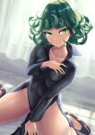  1girl black_dress breasts closed_mouth collarbone collared_dress curly_hair dress green_eyes green_hair hand_on_own_chest highres long_sleeves looking_at_viewer one-punch_man pelvic_curtain popped_collar sai_(abyss05) short_hair side_slit sitting small_breasts solo tatsumaki taut_clothes taut_dress thighs wariza 