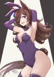  1girl absurdres animal_ears armpits arms_behind_head bow bowtie breasts brown_hair covered_navel dated detached_collar elbow_gloves extra_ears fake_animal_ears gloves hair_over_one_eye highres horse_ears horse_girl horse_tail leotard long_hair playboy_bunny purple_bow purple_bowtie purple_eyes purple_gloves purple_leotard purple_thighhighs rabbit_ears rice_shower_(umamusume) small_breasts solo strapless strapless_leotard tail thighhighs twitter_username umamusume umibudou 