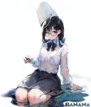  1girl arm_support artist_name black_bow black_bowtie black_hair black_skirt blue_bow blue_bra blue_eyes bow bowtie bra bra_visible_through_clothes breasts bucket bucket_on_head buttons glasses hair_bow highres large_breasts long_hair looking_at_viewer mibashow mole mole_under_mouth object_on_head on_floor original pink_lips puddle see-through see-through_shirt seiza shirt sitting skirt solo teacher underwear water water_drop wet wet_clothes wet_hair wet_shirt white_shirt 