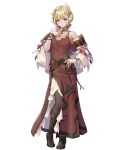  1girl bare_shoulders belt blonde_hair blush boots breasts capelet citrinne_(fire_emblem) closed_mouth dress feathers fire_emblem fire_emblem_engage fire_emblem_heroes full_body gold_trim hair_ornament hand_on_own_chest hand_on_own_hip hand_up highres jewelry knee_boots long_dress looking_at_viewer medium_breasts ne-on necklace non-web_source official_art pantyhose purple_eyes short_hair smile solo standing transparent_background 