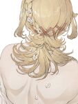  1boy back blonde_hair braid chiyu_(ixix_zzz) facing_away flower genshin_impact hair_flower hair_ornament highres kaveh_(genshin_impact) light_brown_hair male_focus medium_hair multicolored_hair multiple_hairpins shirt shirt_partially_removed solo white_flower white_shirt 