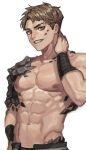  1boy abs absurdres brown_eyes brown_hair character_request collarbone commentary cyphers grin groin hand_on_own_hip hand_on_own_neck highres korean_commentary lowleg lowleg_pants male_focus muscular muscular_male pants pectorals pober-kun rock smile solo topless_male upper_body 