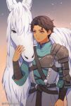  1boy armor brown_hair closed_mouth cyril_(fire_emblem) dfhnokenbutu facing_viewer fire_emblem fire_emblem:_three_houses grey_eyes highres horse looking_at_viewer male_focus red_eyes shoulder_armor upper_body white_horse 