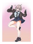  1girl absurdres ahoge ankle_socks ass_visible_through_thighs black_gloves black_necktie blue_sky blush border breast_pocket breasts brown_footwear brown_jacket collared_shirt double_v el_aberracion english_commentary full_body girls&#039;_frontline gloves grey_hair hands_up highres hood hood_down hooded_jacket jacket long_hair long_sleeves looking_at_viewer m200_(girls&#039;_frontline) medium_breasts necktie open_clothes open_jacket panties pantyshot pleated_skirt pocket ponytail purple_eyes shirt shirt_tucked_in shoes skirt sky socks solo standing standing_on_one_leg thighs tie_clip underwear v wavy_mouth white_border white_panties white_shirt 