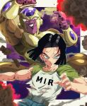  2boys android_17 arms_up belt biceps black_hair black_nails blue_eyes blue_pants border brown_belt bure_(fantasticyouth7) closed_mouth clothes_writing collarbone colored_skin commentary_request debris dragon_ball dragon_ball_super earrings fingernails floating_rock frieza glowing glowing_eyes gold_skin golden_frieza green_shirt grin halo hand_up highres jewelry looking_at_viewer male_focus multiple_boys muscular muscular_male outside_border pants parted_bangs purple_background purple_skin red_eyes rock scratches shirt shirt_tucked_in short_sleeves smile tail teeth torn_clothes torn_shirt upper_body white_border white_shirt 