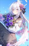  1girl angel_wings azusa_(blue_archive) blue_archive blue_sky blurry bouquet bow commentary depth_of_field feathered_wings flower hair_between_eyes hair_bow hair_flower hair_ornament hair_ribbon halo highres holding holding_bouquet long_hair long_sleeves looking_at_viewer myusha outdoors purple_hair ribbon school_uniform serafuku sidelocks simple_background sky solo white_hair white_wings wings 