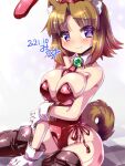  1girl animal_ear_fluff animal_ears arcana_heart arcana_heart_2 bare_shoulders between_breasts blush boots breast_hold breasts breasts_squeezed_together brown_hair cleavage dated detached_collar dog_ears dog_girl dog_tail extra_ears gloves highleg highleg_leotard inuwaka_nazuna large_breasts leotard looking_at_viewer medium_hair miuku_(marine_sapphire) necktie necktie_between_breasts on_floor playboy_bunny purple_eyes rabbit_ears red_necktie side-tie_costume signature sitting solo tail thigh_boots white_gloves 