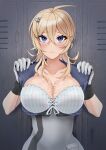  1girl ahoge black_gloves blonde_hair blue_eyes blue_shirt blush bra breasts collarbone crossed_bangs cum cum_on_body cum_on_breasts gloves hair_between_eyes hair_ornament hairclip highres kantai_collection large_breasts long_hair looking_at_viewer multicolored_clothes multicolored_gloves open_clothes open_shirt otobi shirt solo strapless strapless_bra tuscaloosa_(kancolle) underwear upper_body white_bra white_gloves 