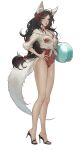  1girl absurdres ahri_(league_of_legends) animal_ears ball beachball black_hair breasts brown_eyes cleavage dialxu english_commentary feet floral_print flower fox_ears hair_flower hair_ornament hand_on_own_hip high_heels highres holding holding_ball league_of_legends legs long_hair low-tied_long_hair medium_breasts one-piece_swimsuit parted_lips red_flower red_one-piece_swimsuit sandals solo swimsuit tail toenails toes very_long_hair white_background 