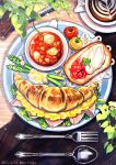  artist_name asparagus cappuccino_(drink) coffee croissant cup dated food food_focus food_request fork leaf no_humans original plant plate sandwich shadow shunkashuntou soup spoon still_life tomato 