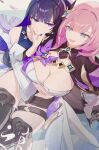  2girls absurdres breasts cleavage elysia_(honkai_impact) elysia_(miss_pink_elf)_(honkai_impact) hair_ornament hand_on_another&#039;s_cheek hand_on_another&#039;s_face highres honkai_(series) honkai_impact_3rd hug large_breasts long_hair multiple_girls open_mouth pink_eyes pink_hair purple_eyes purple_hair raiden_mei roena thigh_strap 