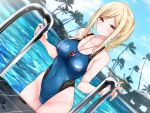  1girl blonde_hair blue_sky breasts coconut_tree collarbone competition_swimsuit covered_navel highres large_breasts long_hair looking_at_viewer one-piece_swimsuit oouso original outdoors palm_tree pool pool_ladder poolside red_eyes sky solo swimsuit thigh_gap tree water wet whistle whistle_around_neck 