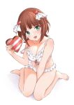  1girl absurdres amami_haruka b1ack_illust bare_shoulders barefoot between_legs bikini blush box breasts brown_hair cleavage collarbone dot_nose frilled_bikini frills from_above full_body green_eyes hair_ornament hand_between_legs hand_up heart heart-shaped_box heart_hair_ornament highres holding holding_box idolmaster idolmaster_(classic) idolmaster_million_live! idolmaster_million_live!_theater_days looking_at_viewer looking_up medium_breasts open_mouth short_hair simple_background sitting smile solo strap_slip swimsuit toes wariza white_background white_bikini 