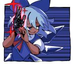  1girl anal_assassin_glove annyui_(cookie) black_gloves blue_background blue_eyes blue_hair border bow bowtie cirno closed_mouth collared_shirt commentary_request cookie_(touhou) dark-skinned_female dark_skin dress flat_chest gloves gram_9 hair_between_eyes half-closed_eyes highres long_bangs looking_afar looking_to_the_side pinafore_dress puffy_short_sleeves puffy_sleeves red_bow red_bowtie sex_toy shirt short_hair short_sleeves single_glove sleeveless sleeveless_dress smile solo sparkle studded_gloves touhou upper_body white_border white_shirt 